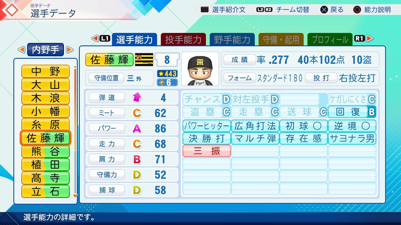 パワプロ2026選手名鑑/NPB26Stats】阪神 8 佐藤輝明選手 Tigers