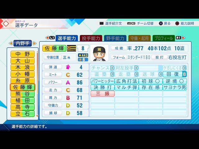 パワプロ2026選手名鑑/NPB26Stats】阪神 8 佐藤輝明選手 Tigers