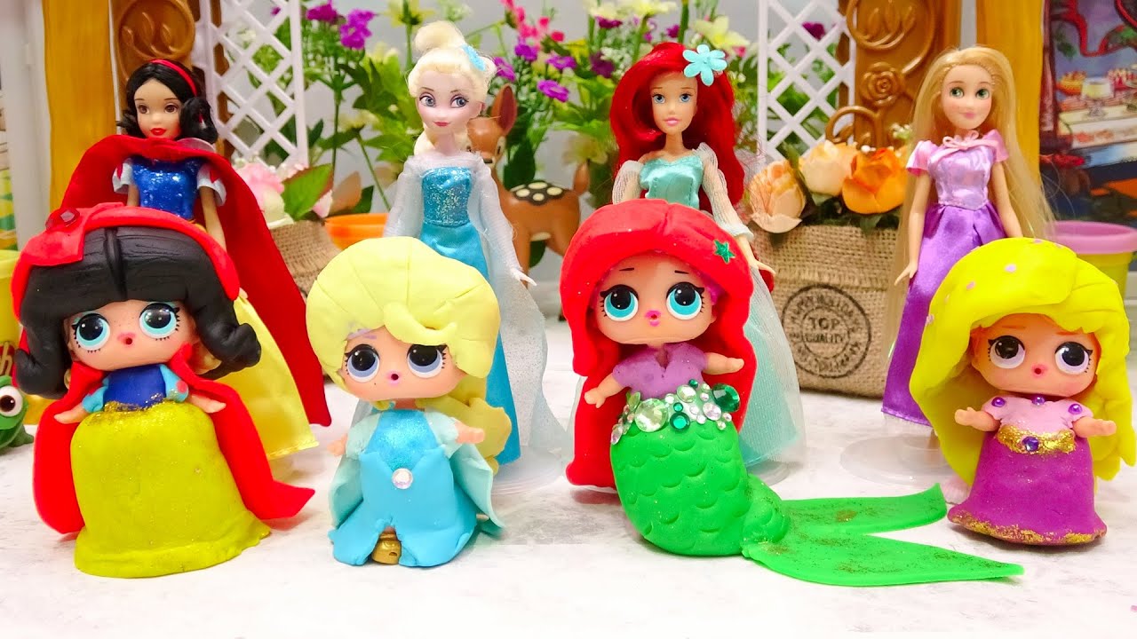 ディズニープリンセスに Lol サプライズドールが キラキラドレスに変身 Diy ねんどの手作り衣装 お姫様 アリエル エルサ 白雪姫 ラプンツェル Barbie 手作り工作 ミニチュアドール Youtube