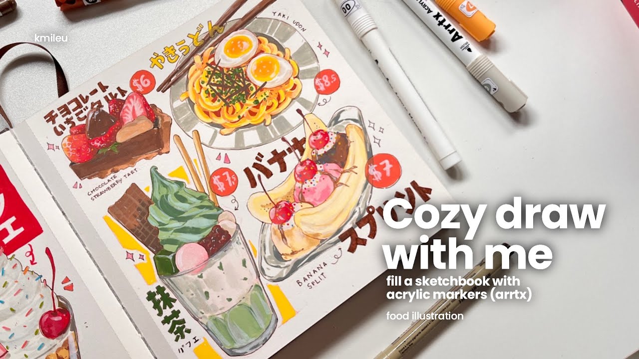 𖦹‧ cozy draw with me - fill a sketchbook with acrylic markers | food ...