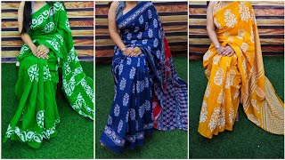 Bagru Print Cotton Mulmul Sarees Office Wear Soft Cotton Sarees