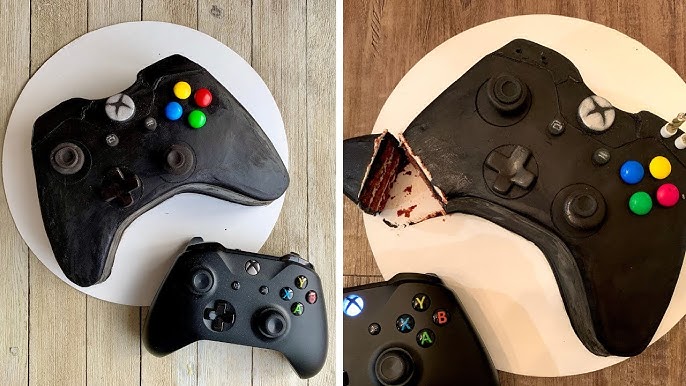 XBox and Wii chocolate cake with raspberry filling and almond cake. Wii and  XBox remote control suga…