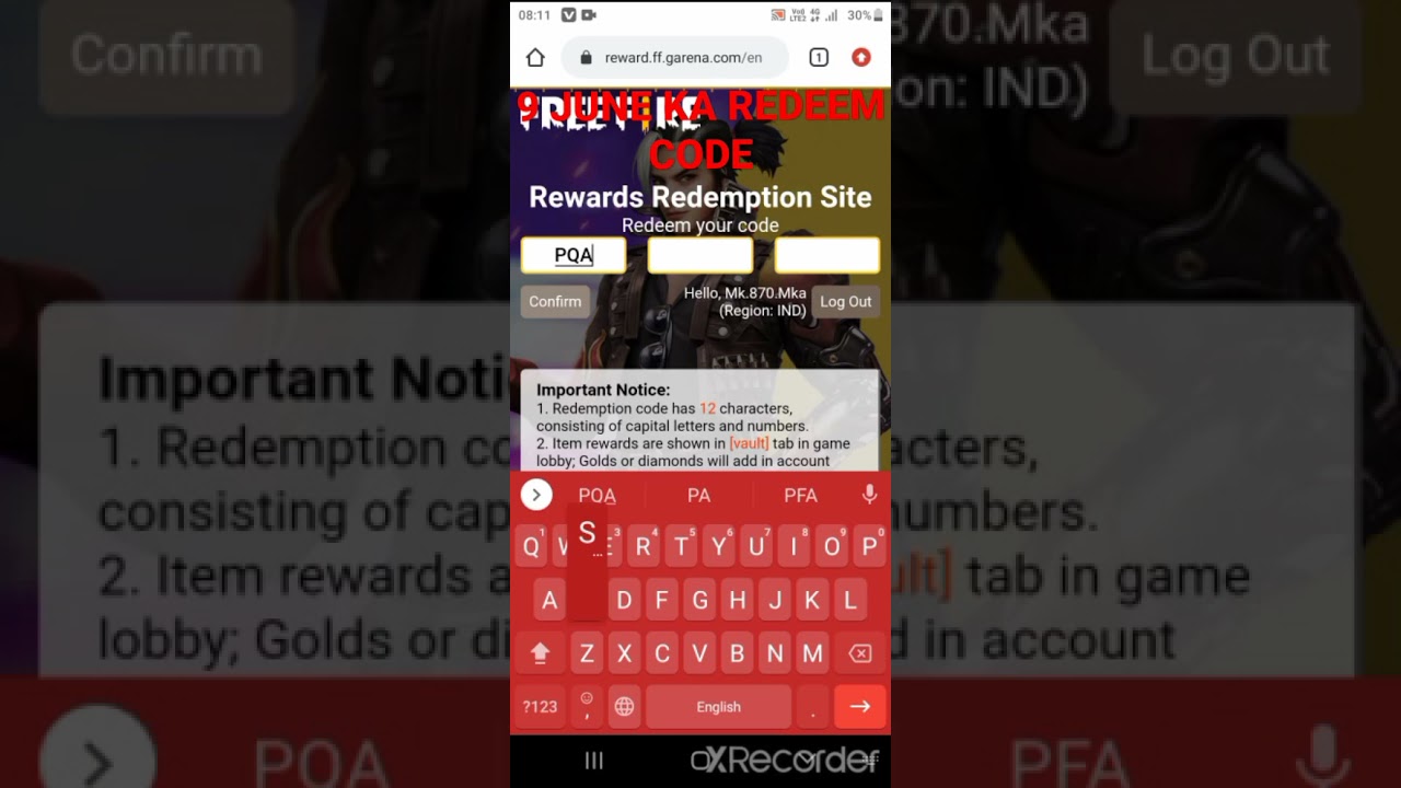 FREE FIRE 9 JUNE REDEEM CODE 8709118694