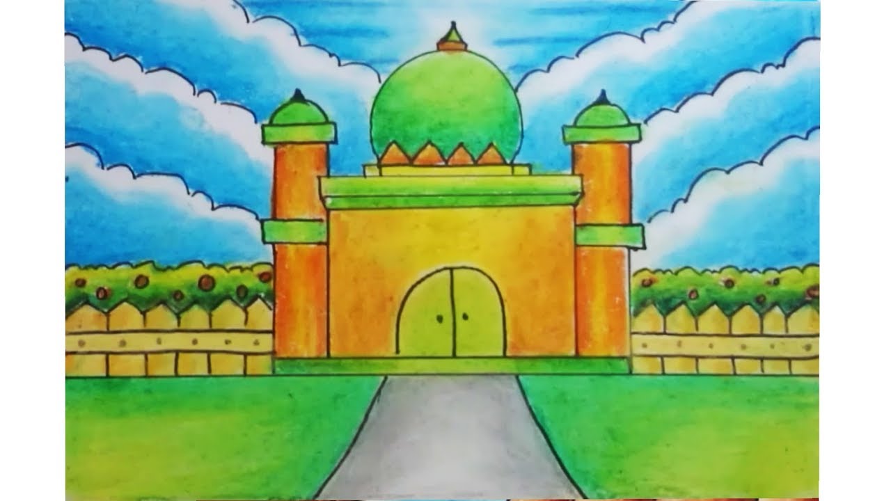Contoh mewarnai gambar masjid untuk anak tk