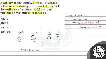A ball moving with velocity 2 m/s collides head on with another stationary ball of double the ma....
