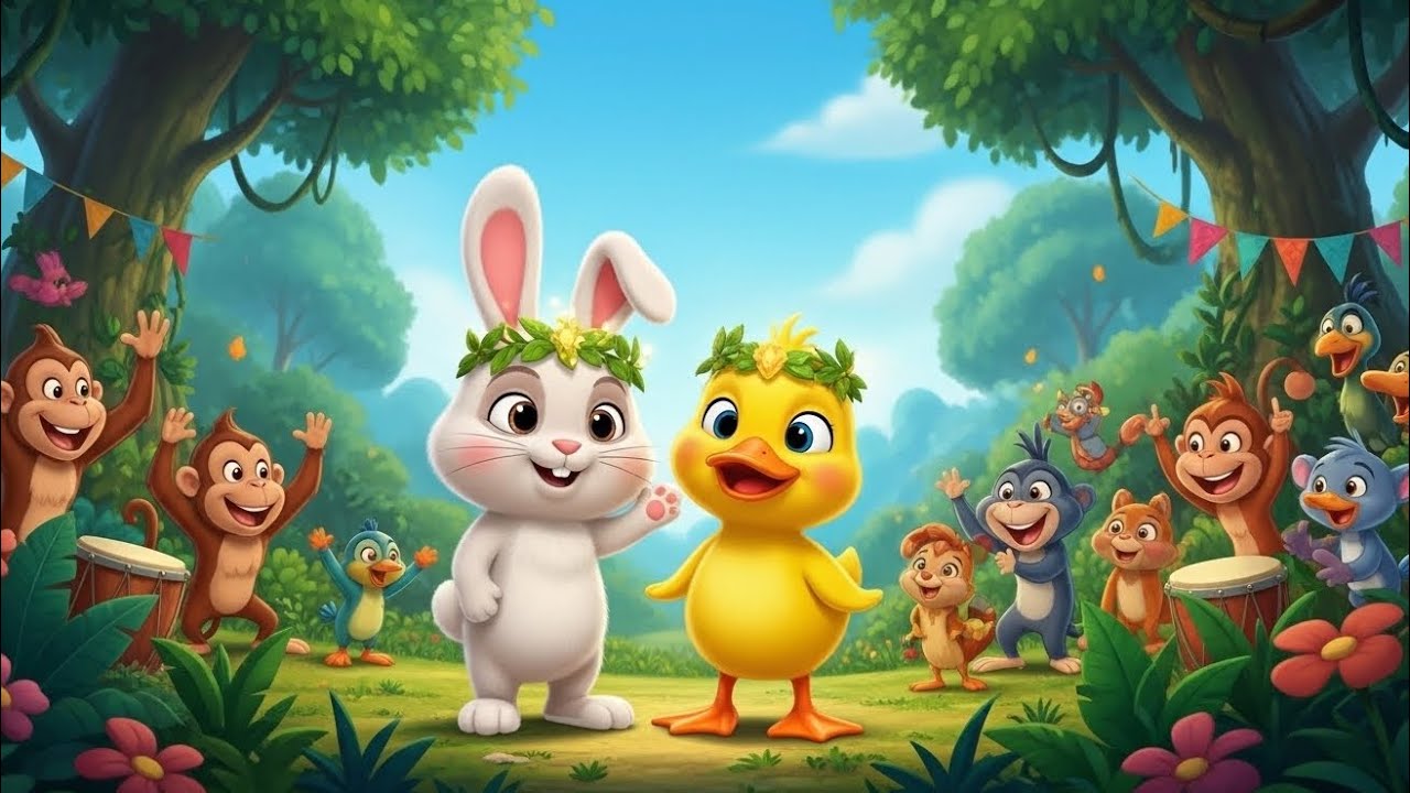 A Hero's Reward: Bunny and Chick Celebrate a Shining Victory in the Jungle