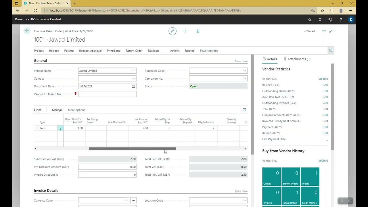 Microsoft Dynamics 365 business central | Purchase Return Order