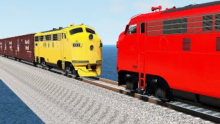 Yellow Vs Red Train Vs Impossible Single Rail Crossing - Beamng.drive