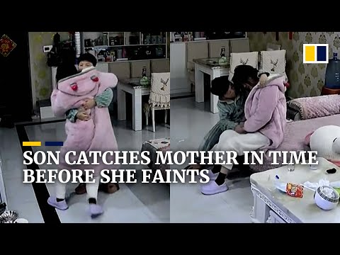 Caring son in China catches mother in time before she faints