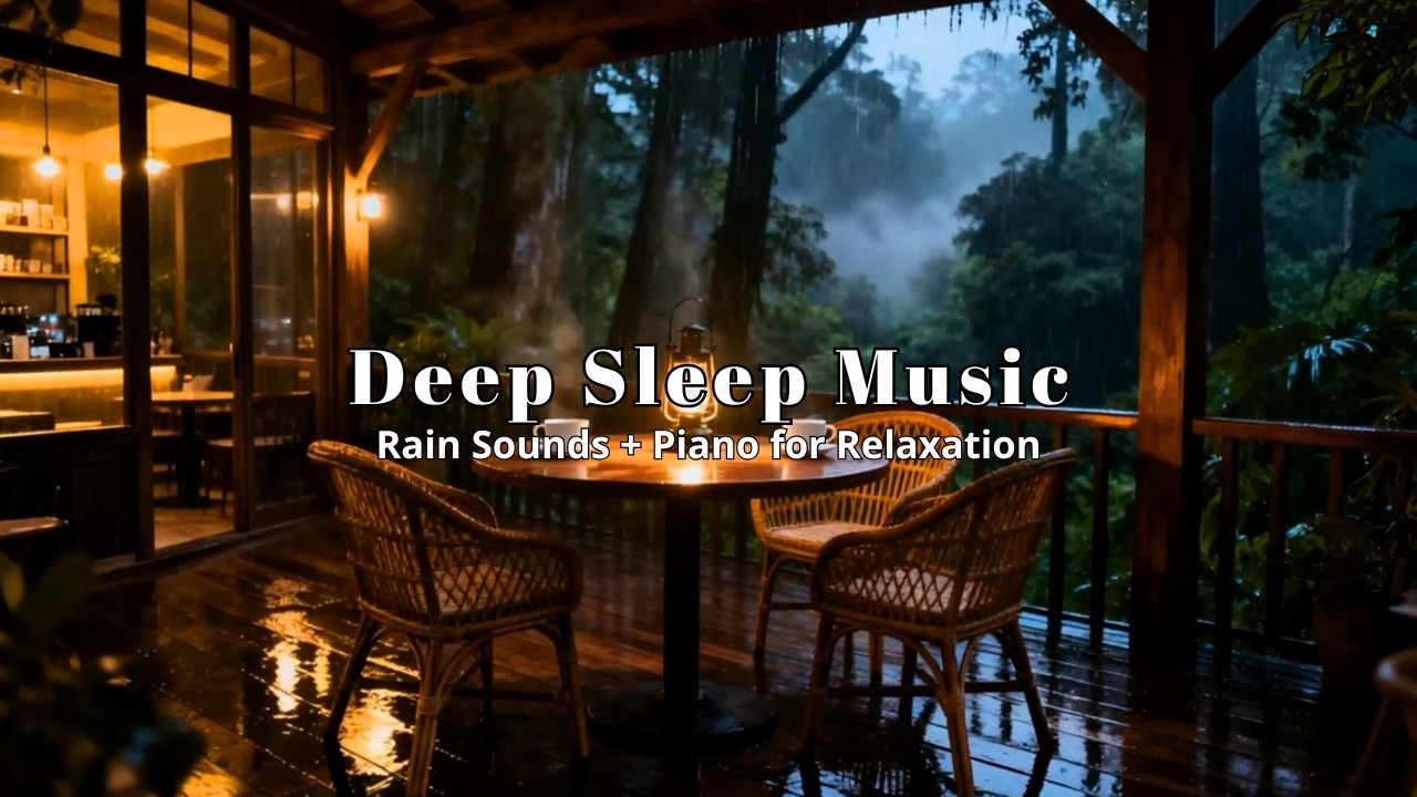 Relaxing Music with Rain Sounds & Piano on Peaceful Jungle Cafe Balcony for Deep Sleep | Rain