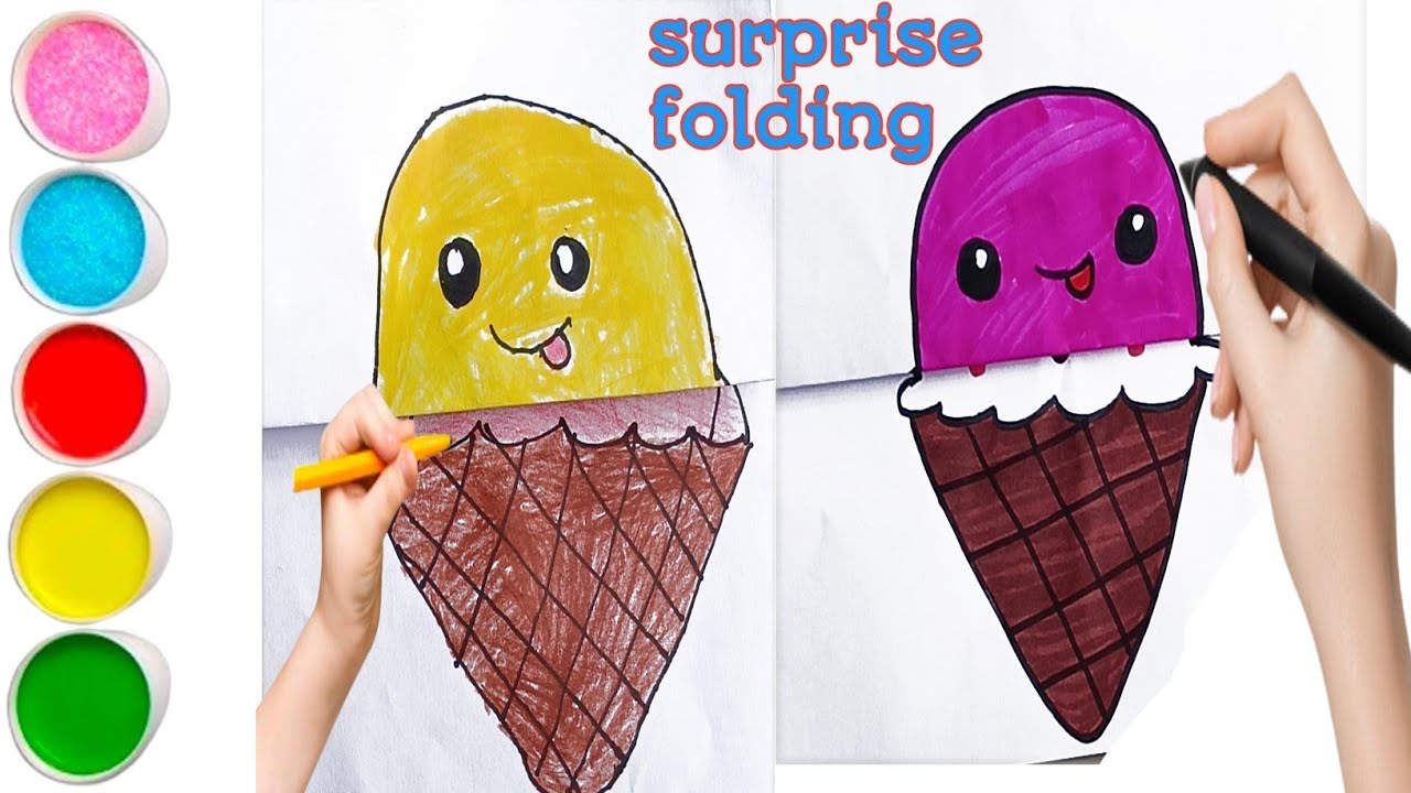 How to draw icecream tower (surprise folding) easy drawing with colour 