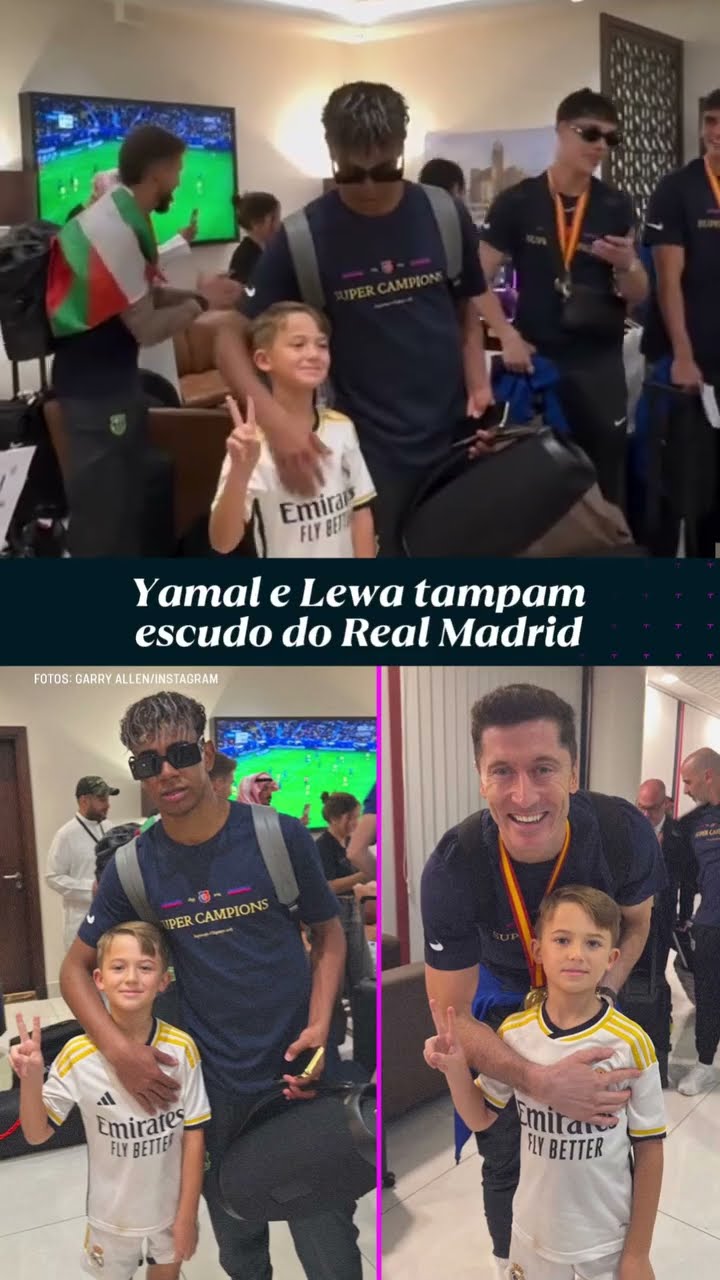 AÍ COMPLICA! ? YAMAL E LEWA TIRAM FOTO COM PEQUENO TORCEDOR DO REAL MADRID E TAMPAM O ESCUDO #shorts