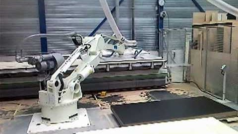 RFA Kawasaki Robotloader loading wooden plates in Biesse milling machine