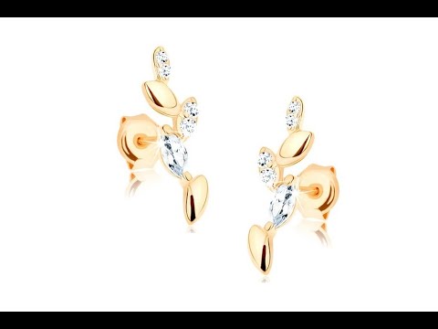 Šperky – Náušnice ze žlutého 9K zlata - blýskavá větvička, hladké a  zirkonové listy - YouTube