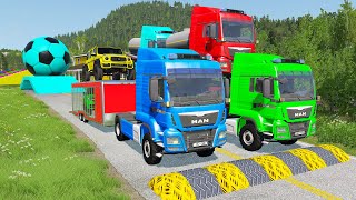 Double Flatbed Trailer Truck vs Speedbumps Train vs Cars | Tractor vs Train Beamng.Drive 059