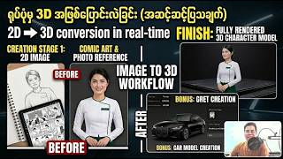 ရုပ်ပုံမှ 3D အဖြစ်ပြောင်းလဲခြင်း အဆင့်ဆင့်ပြသချက် | 2D to 3D Character &amp; Car Modeling Workflow! 🚀