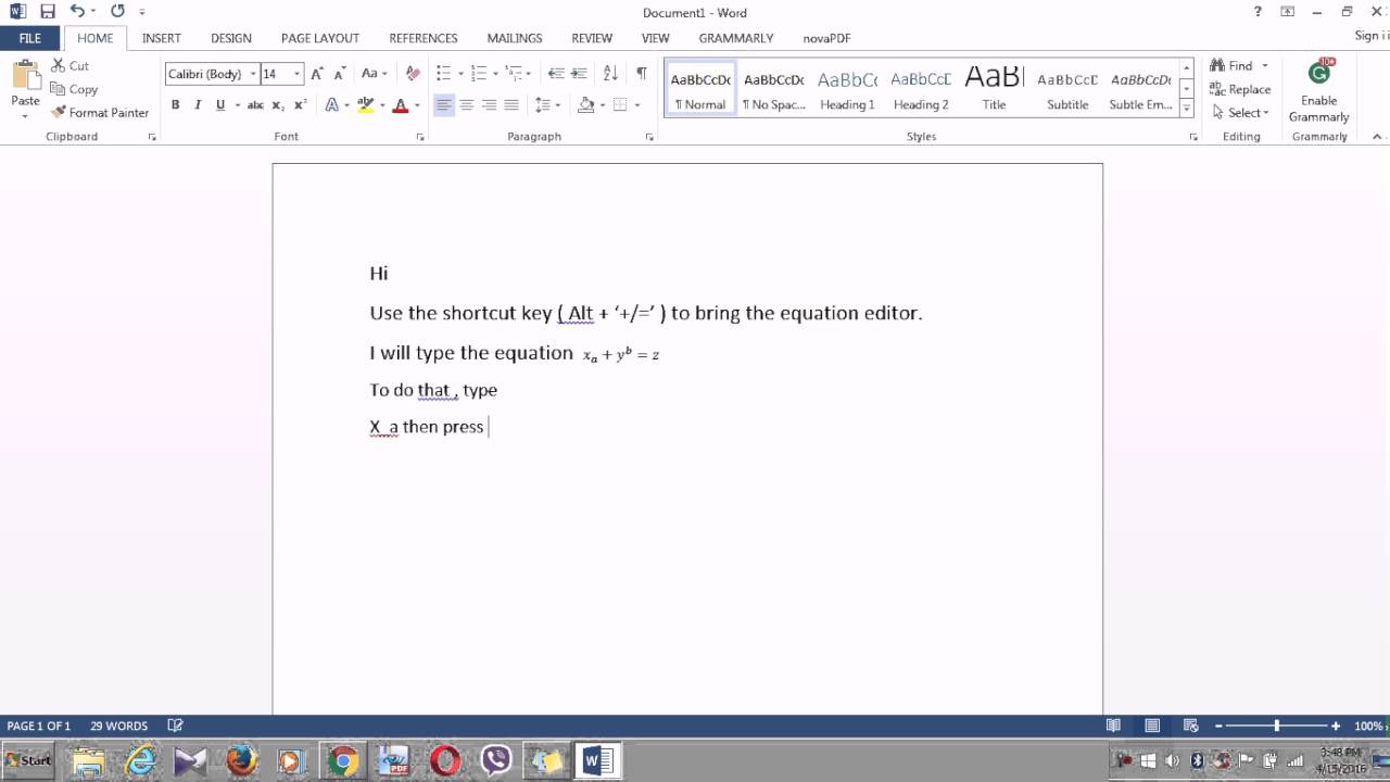 How to use subscript and superscript in equation of MS Word