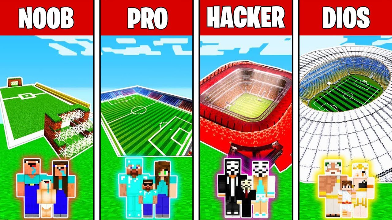ESTADIO DE FÚTBOL NOOB VS PRO VS HACKER VS DIOS EN MINECRAFT TROLL 😱