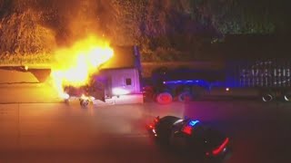 Police chase Stolen big rig bursts into flames