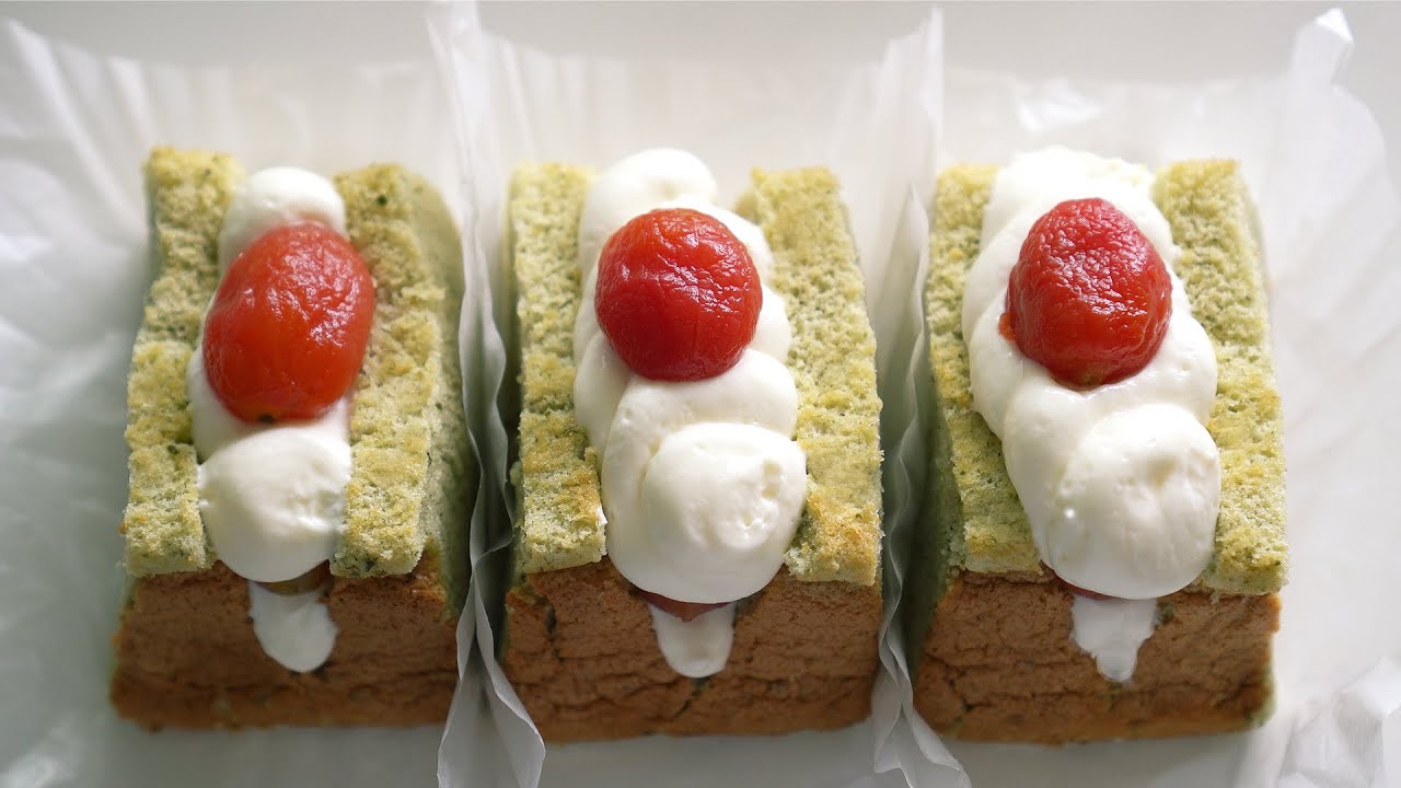[4k/Eng]토마토 바질 쉬폰 샌드케이크 만들기 🍅🥬(진짜 맛있음..)Tomato Basil Chiffon sand cake recipe,로미꽃빵Romitube,프랑스생크림