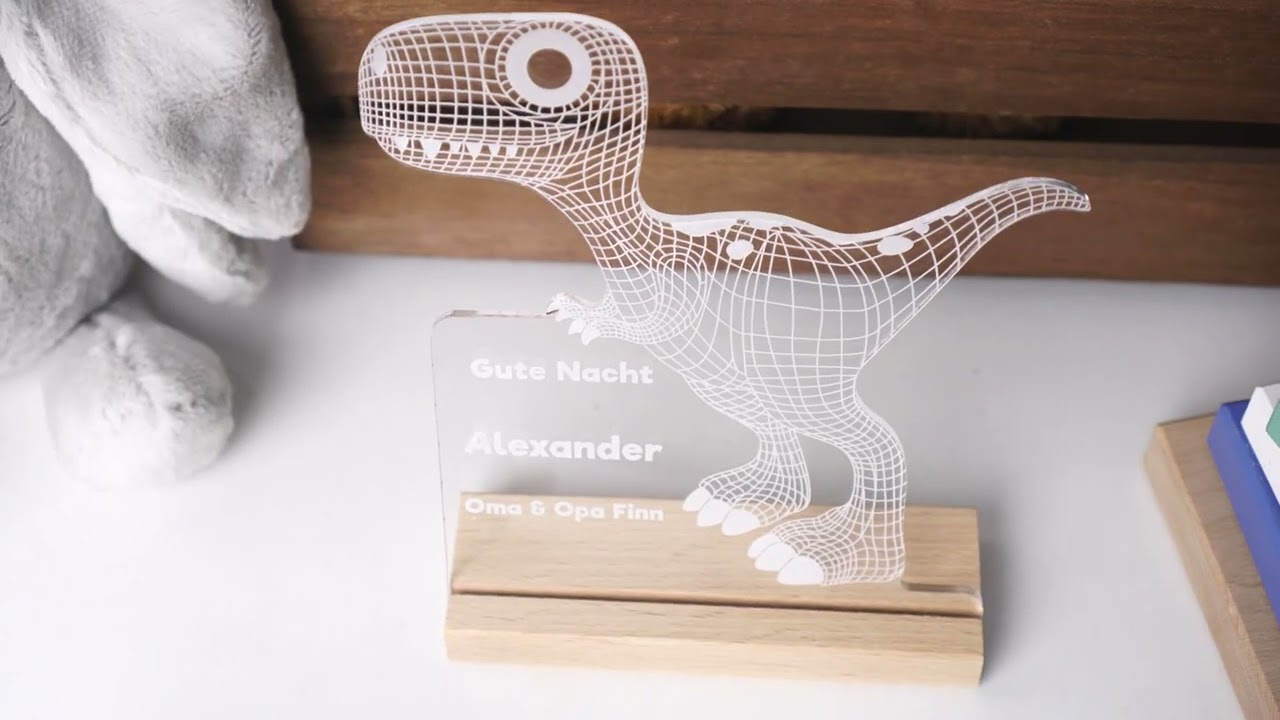 LAUBLUST 3D LED Nachtlicht für Kinder - Personalisierte Lampe mit Baby Namen & Wunschtext - Dino