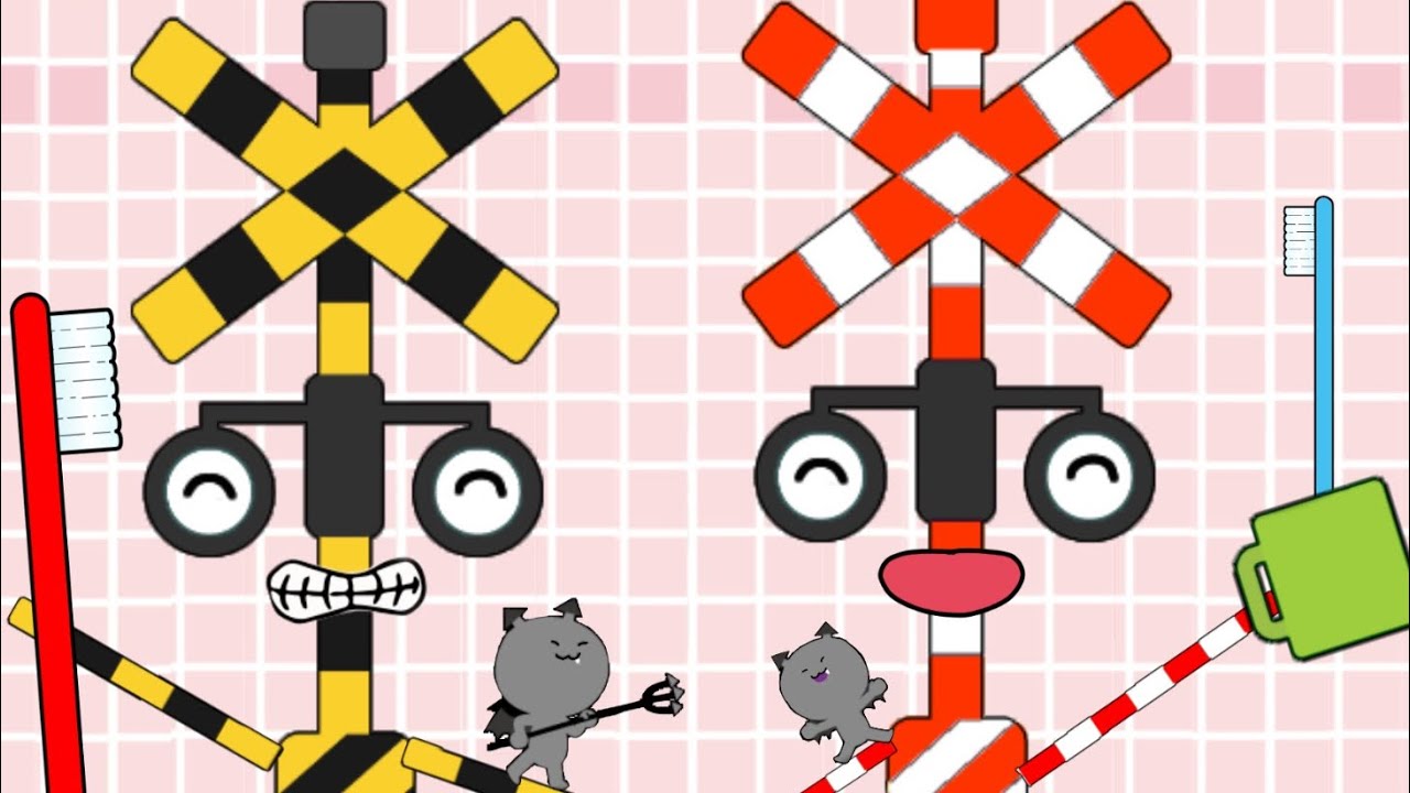 踏切が歯磨きしたよ！みんなも一緒に磨いてね！　カンカン　ドーナツ　ソフトクリーム　虫歯菌　カラフル踏切　踏切　うがい