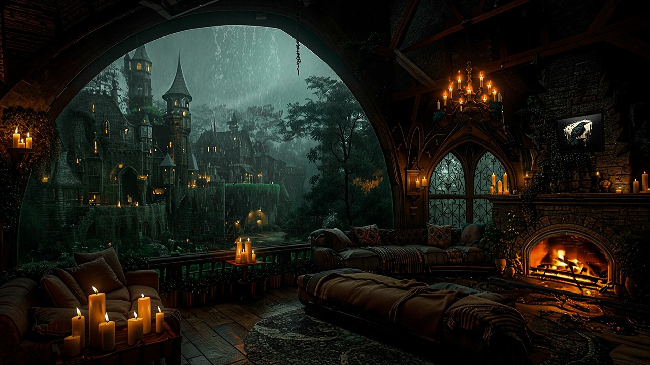 Old World Castle in the Rain (Window View 4K) | Dark Academia Study Ambience | Moody Monsoon Evening