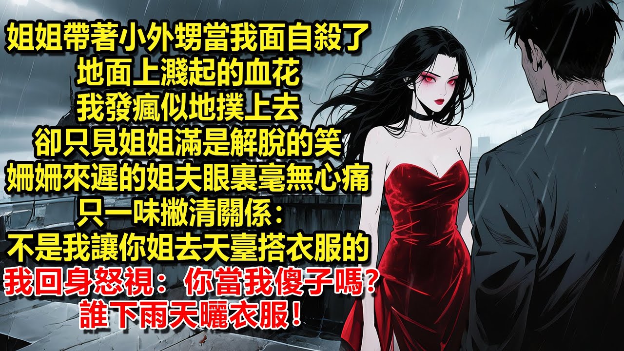 姐姐帶著小外甥當我面自殺了，地面上濺起的血花。我發瘋似地撲上去卻只見姐姐滿是解脫的笑。姍姍來遲的姐夫眼裏毫無心痛，只一味撇清關係：不是我讓你姐去天臺搭衣服的。我回身怒視：你當我傻子嗎？誰下雨天曬衣服！