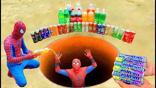 Experiment: Spiderman vs  Fanta, Pepsi, Sprite, Coca-Cola, Mirinda, Sting vs Mentos in Underground