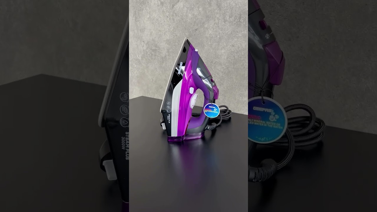 Geepas ceramic steam iron with vertical ironing and self-clean functions.