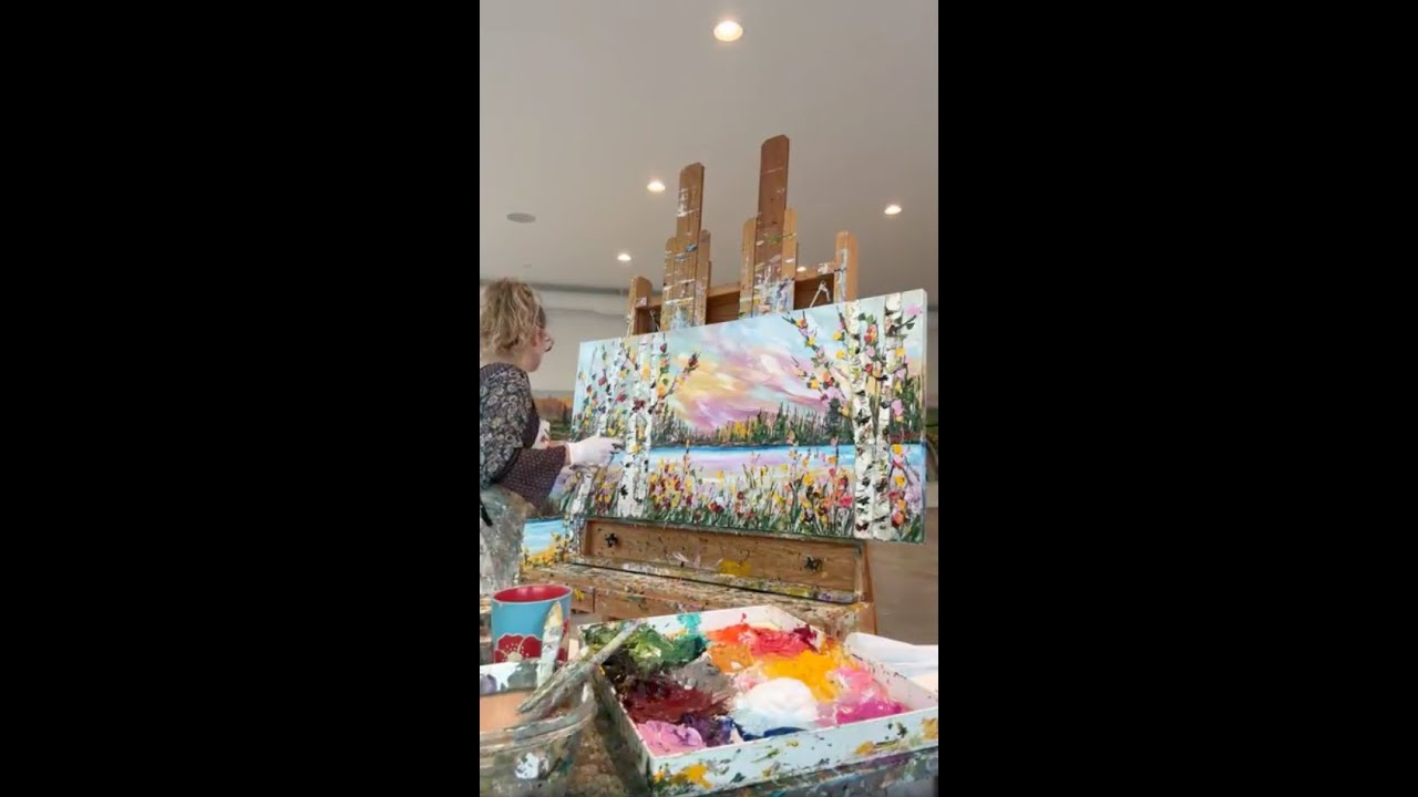 Painting a birch tree forest and lake in acrylics with a palette knife | Giselle Denis Fine Artist