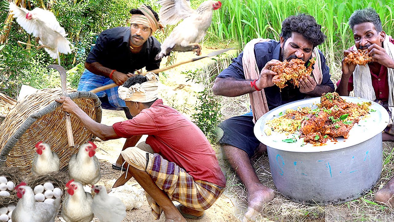 Primitive Technology: Hunting Catch and Cooking // FULL CHICKEN GRAVY= 2 Village Man
