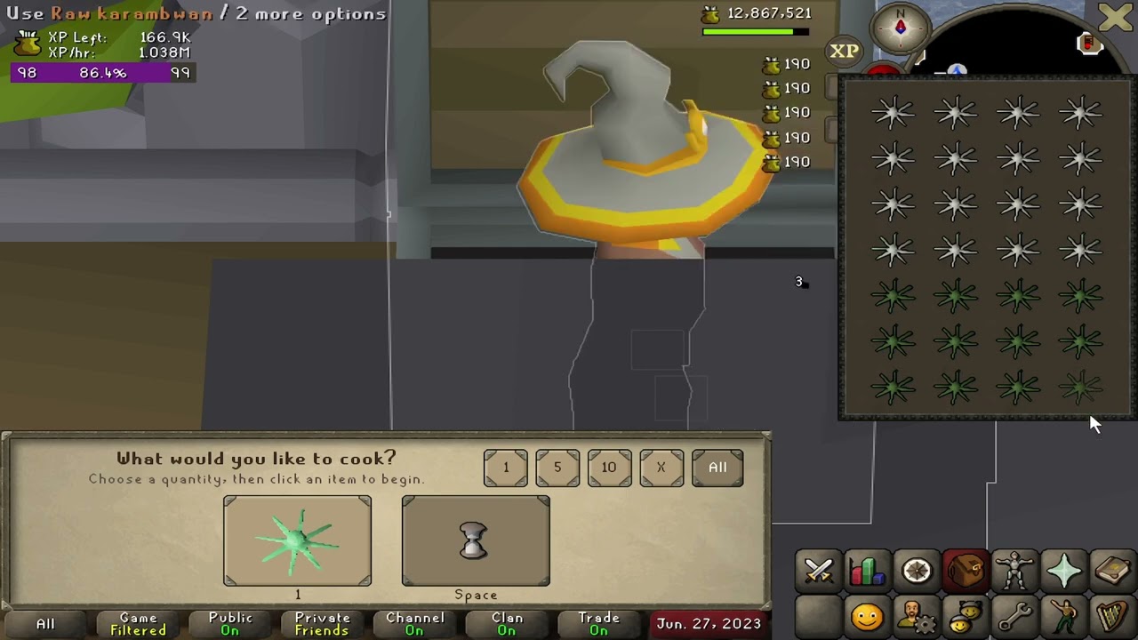 1-tick karambwans to 99 cooking, 1040k xp/hr
