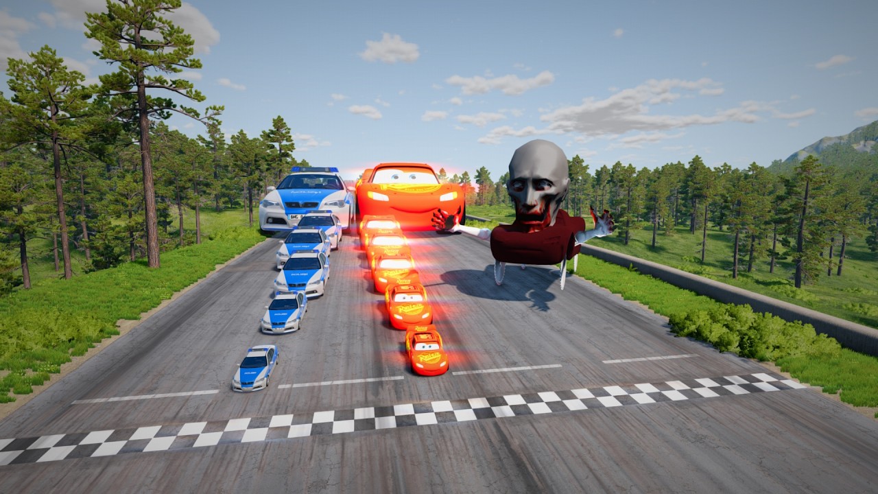 Big & Small McQueen & Police Car vs SCP 096 McQueen, Huge Pit Race - Beamng drive