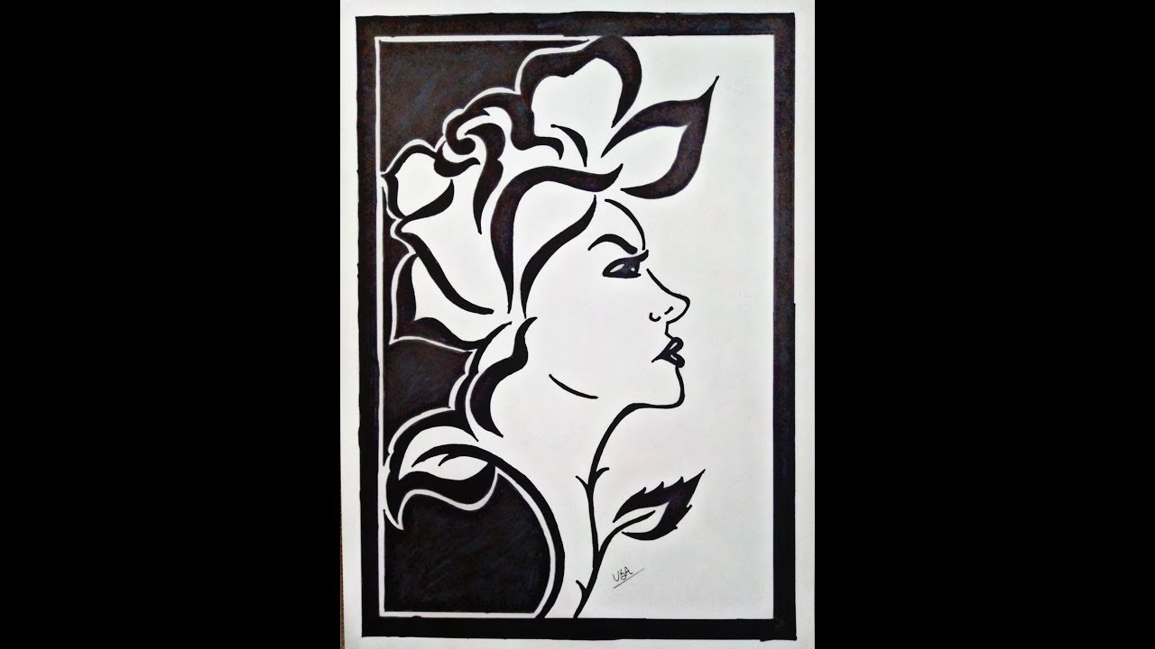 Beautiful lady and flower Drawing art | black marker ...