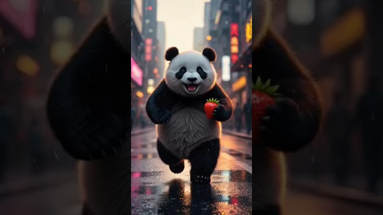 A joyful panda in a cyberpunk style running away after stealing strawberry!! 