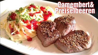 Spaghetti-Camembert-Preiselbeeren-Rind-Pfeffer