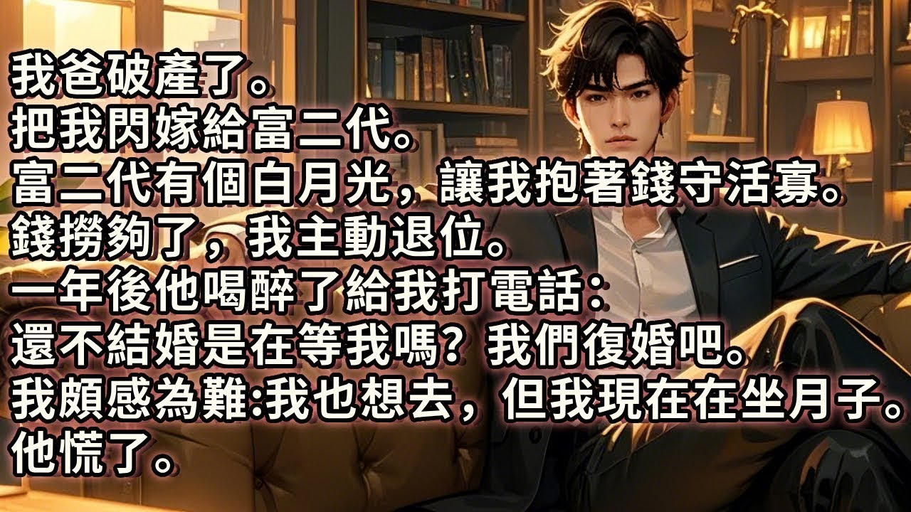 我爸破產後把我嫁給富二代。他有個白月光，讓我抱著錢守活寡。錢撈夠了，我主動退位。一年後他喝醉了給我打電話：還不結婚是在等我嗎？我們復婚吧。我頗感為難：我也想去，但我現在在坐月子。他慌了。#小说