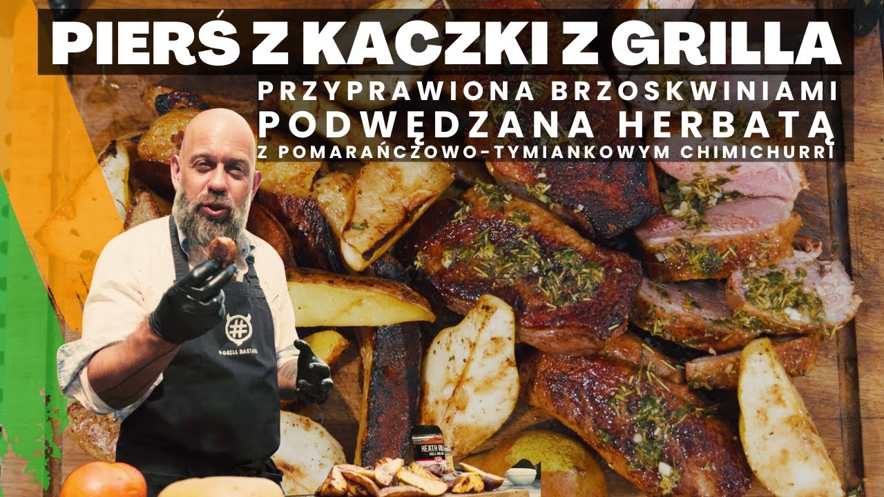 Przepis na pierś z kaczki z grilla podwędzaną herbatą z pomarańczowo-tymiankowym sosem chimichurri.
