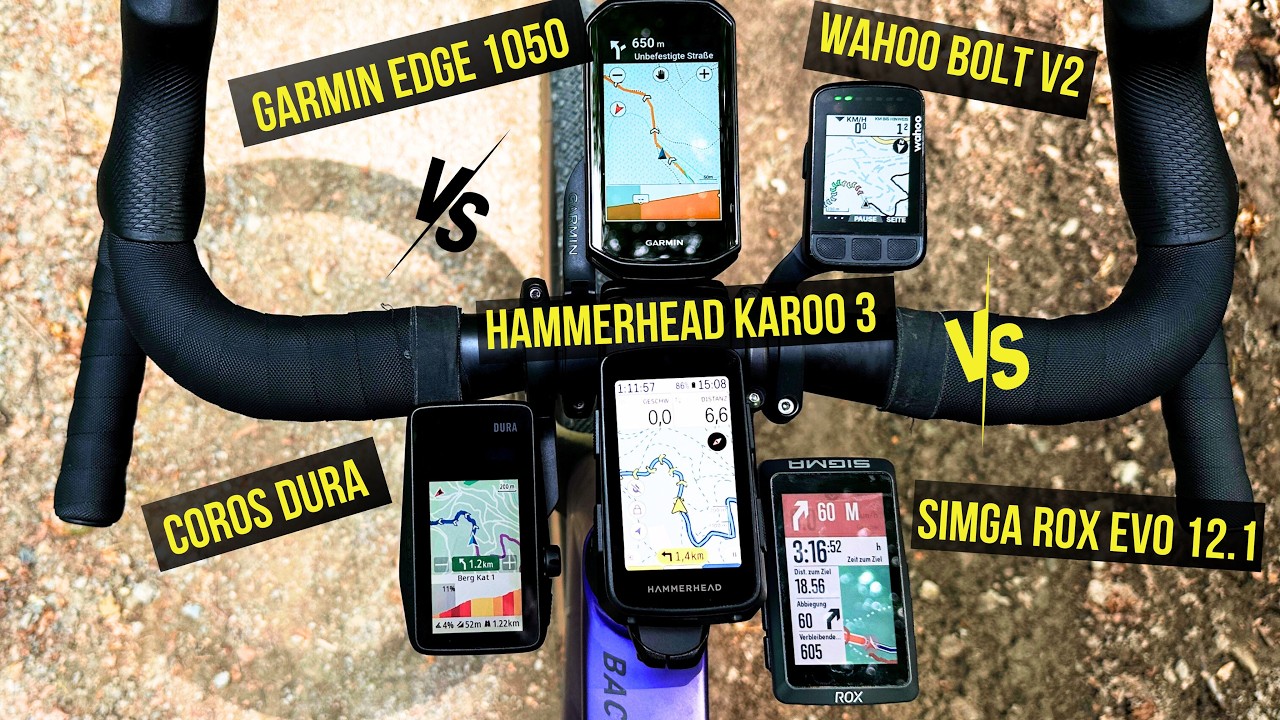 Großer Vergleich Garmin Edge 1050 vs Karoo 3 vs Coros Dura vs Wahoo Bolt V2 Navigation im Test