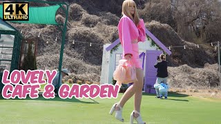 Crossdresser In Public, Lovely Cafe & Garden With Solid Pink Look & Toe-Open Heels