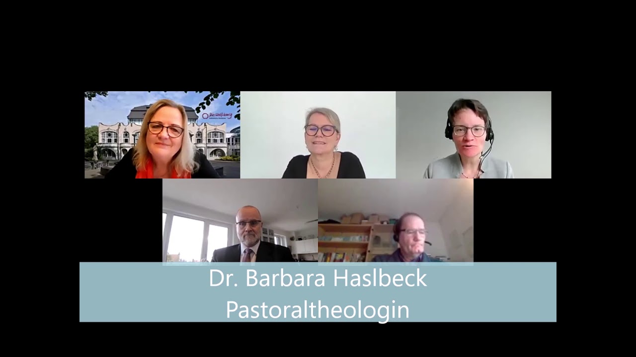 Screenshot der virtuellen Podiumsdiskussion der Katholischen Akademie Die Wolfsburg, moderiert von Harriet Langanke.