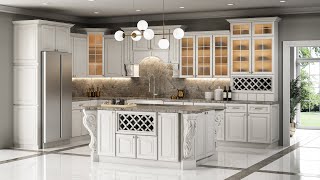 Antique White Kitchen Cabinets by Parriott Wood | Traditional Kitchen with Wood Corbels & Island