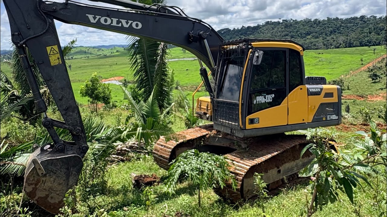 Escavadeira arando terra para plantio de capim 
