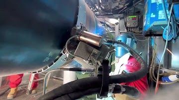 Natural gas pipeline welding with Xionggu dual torch automatic welding machine.
