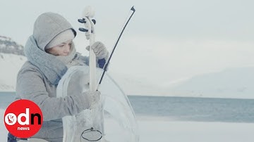 Musicians play instruments in world’s most northerly ice music concert