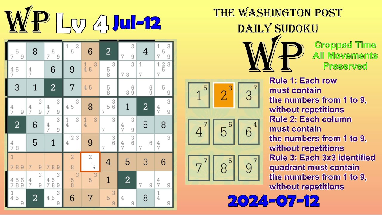 (delayed) The Washington Post Daily Sudoku 2024-07-12 Level 4 - YouTube