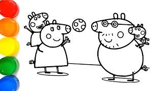 Peppa Pig Family Playing Togethers with Ball Drawing Easy | Peppa Family Drawing and Coloring