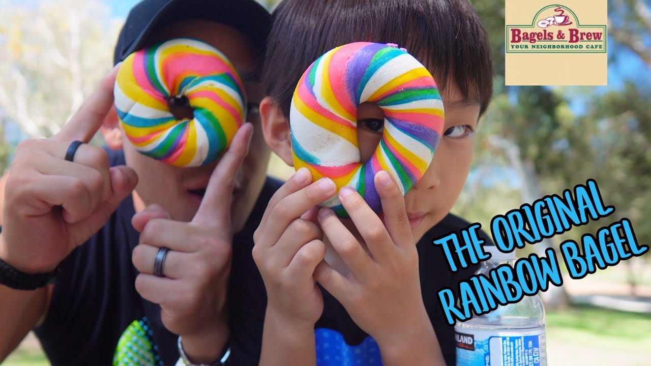 RAINBOW BAGEL MUKBANG We ate the original Unicorn Bagel from Bagels