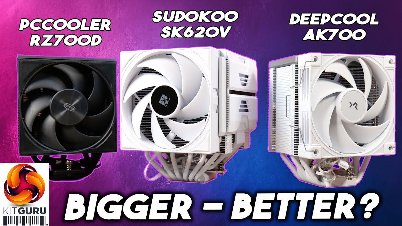Today we’re comparing three mid to high-end CPU air coolers: DeepCool’s AK700 Digital, CPS PCCooler’s RZ700D, and the Sudokoo SK620V. All three target performance-focused systems, but take slightly different approaches in design and features. We’ll be testing thermals, noise, build quality, and installation on Ryzen 9800X3D-based system to see which comes out on top.

If you want more detailed charts, methodology and written analysis, you can find the full review here: https://35tuftuf.com/components/cooling/james-dawson/cpu-air-cooler-multi-review-with-deepcool-cps-pccooler-and-sudokoo/. Let us know which cooler you’d pick in the comments, and don’t forget to like and subscribe if you want more in-depth hardware testing like this.

00:00 Start
00:54 DeepCool AK700 Digital
05:20 Accessories
06:12 PC Cooler RZ700D
09:40 Accessories
10:32 Sudokoo SK620V
16:16 Accessories
17:19 Installation of the 3 coolers
18:30 LCD screens and software
19:02 Thermal And Noise Output - testing
22:54 James Closing Thoughts

We never offer affiliate links or take percentages of product sales. If we say the product is good or bad we mean it. Our Editor in chief wrote about why you should value this and how the industry is rife with fake reviews from 'influencers' - read here https://bit.ly/3pXzaw4: http://bit.ly/2BopnF9

Buy our merch from here: https://kitgurutech.myspreadshop.co.uk

Discord invite link: https://discord.gg/4cqFSWY

Steam Community https://steamcommunity.com/groups/kitguruofficial

Be sure to support us on PATREON https://www.patreon.com/kitgurutech and read our MANTRA on HONEST REVIEWS Here: http://bit.ly/2BopnF9

Visit our facebook page over here! https://www.facebook.com/KitGuru.net/

Visit our Twitter page over here! https://twitter.com/kitgurupress?lang=en

#pccooling  #deepcool  #sudokoo #pccooler